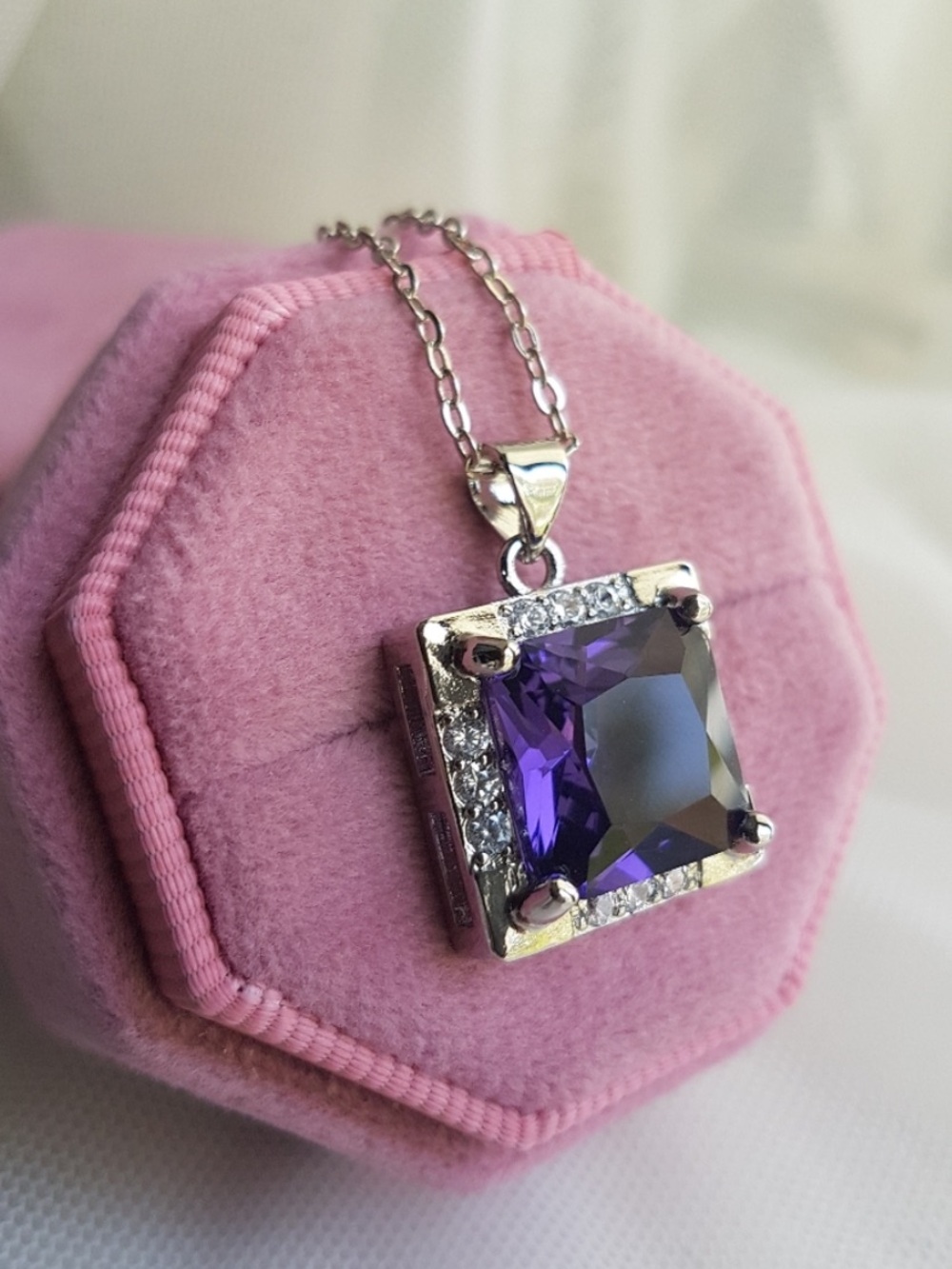 Swarovski Elements 925 Sterling Silver Square Purple Amethyst Necklace NEW